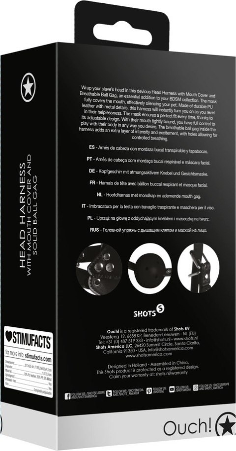 Ouch! - Uprząż na głowę z osłoną ust i oddychającym kneblem kulkowym Ouch! - Uprząż na głowę z osłoną ust i oddychającym kneblem kulkowym
