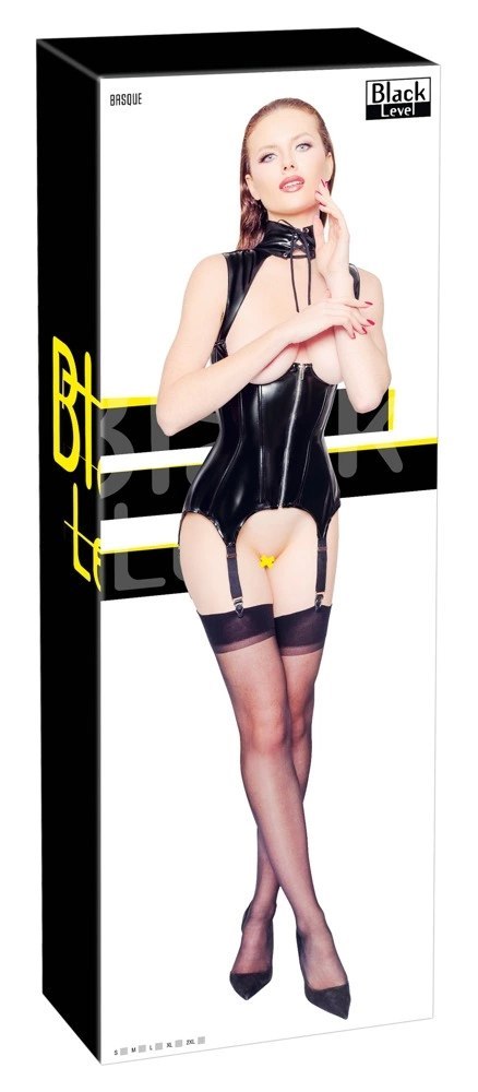 Black Level - Seksowna Vinylowa Koszulka Bez Biustu Z Paskami Do Pończoch L Black Level - Seksowna Vinylowa Koszulka Bez Biustu Z Paskami Do Pończoch L