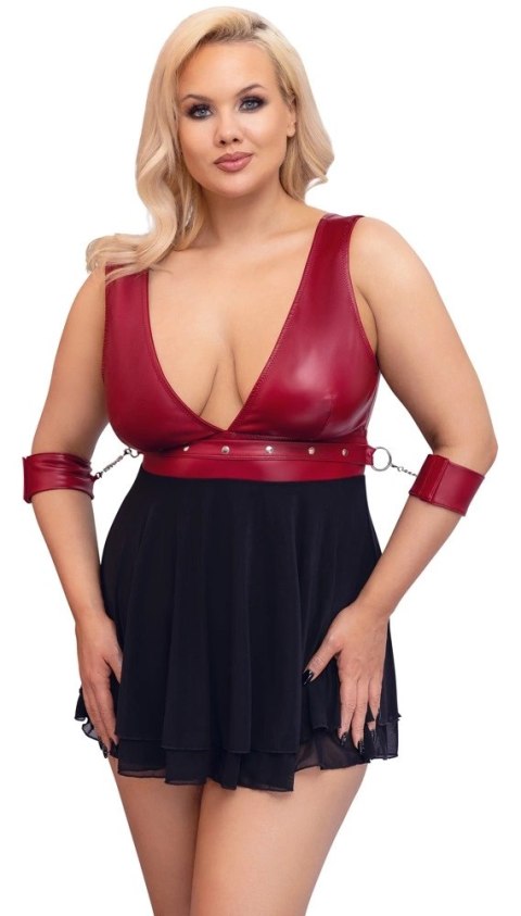 Cottelli Bondage - Seksowna Krótka Babydoll Z Mankietami Czerwono-Czarna 3XL Cottelli Bondage - Seksowna Krótka Babydoll Z Mankietami Czerwono-Czarna 3XL