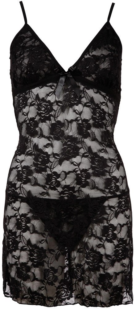 Cottelli LINGERIE - Seksowna Koronkowa Koszulka Nocna + Stringi Czarne S Cottelli LINGERIE - Seksowna Koronkowa Koszulka Nocna + Stringi Czarne S