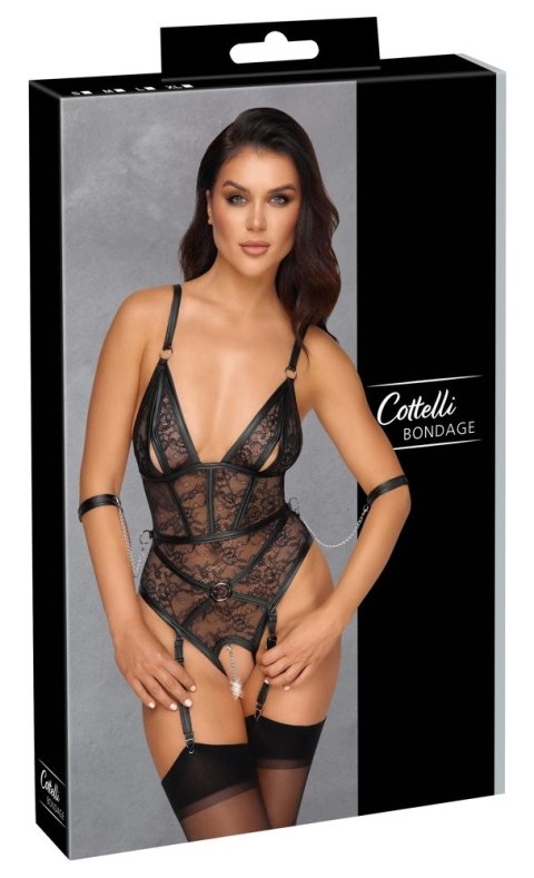 Cottelli Bondage - Seksowne Koronkowe Body Z Mankietami I Paskami Do Pończoch L Cottelli Bondage - Seksowne Koronkowe Body Z Mankietami I Paskami Do Pończoch L