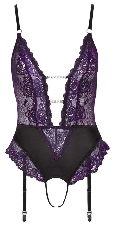 Cottelli LINGERIE - Body Z Fioletowej Koronki Z Paskami Do Pończoch Bez Krocza M Cottelli LINGERIE - Body Z Fioletowej Koronki Z Paskami Do Pończoch Bez Krocza M