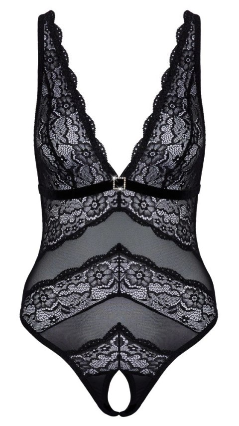 Cottelli LINGERIE - Elastyczne Czarne Body Bez Krocza Z Kwiatową Koronką M Cottelli LINGERIE - Elastyczne Czarne Body Bez Krocza Z Kwiatową Koronką M