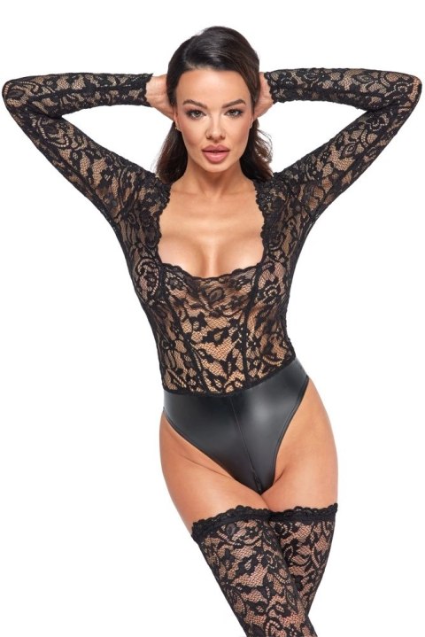 Noir - Seksowne Koronkowe Body Z Matowym Dołem Czarne M Noir - Seksowne Koronkowe Body Z Matowym Dołem Czarne M