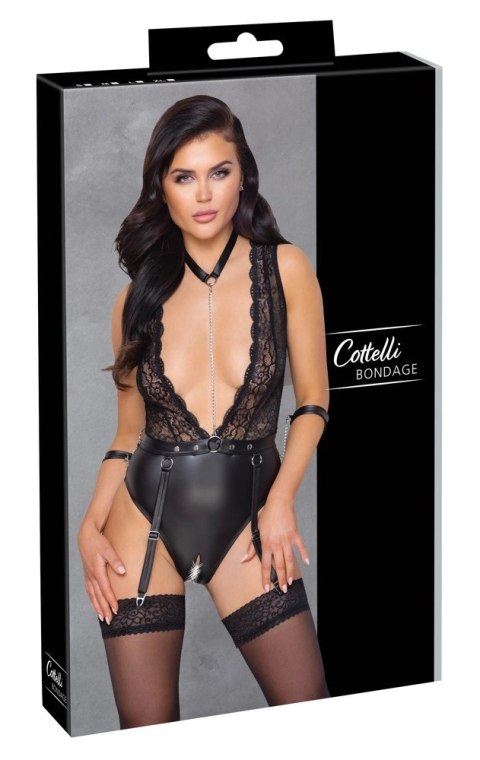 Cottelli Bondage - Seksowne Body Z Mankietami Obrożą I Paskami Do Pończoch L Cottelli Bondage - Seksowne Body Z Mankietami Obrożą I Paskami Do Pończoch L