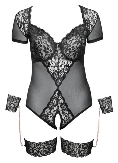 Cottelli Bondage - Siateczkowe Body Z Seksowną Koronką Bez Kroku Z Mankietami 85D/L Cottelli Bondage - Siateczkowe Body Z Seksowną Koronką Bez Kroku Z Mankietami 85D/L