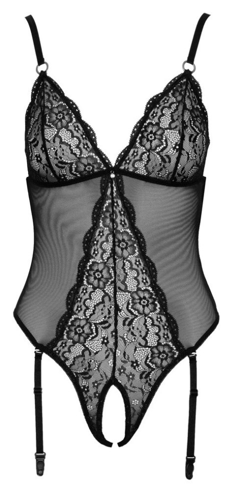 Cottelli LINGERIE - Czarne Siateczkowe Body Z Delikatną Koronką Bez Krocza M Cottelli LINGERIE - Czarne Siateczkowe Body Z Delikatną Koronką Bez Krocza M