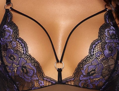 Cottelli LINGERIE - Seksowne Czarne Siateczkowe Body Z Fioletową Koronką L Cottelli LINGERIE - Seksowne Czarne Siateczkowe Body Z Fioletową Koronką L