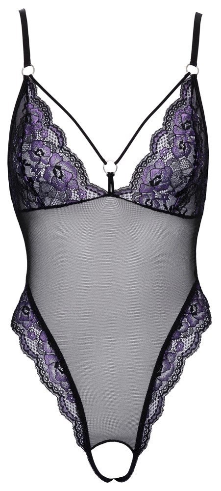 Cottelli LINGERIE - Seksowne Czarne Siateczkowe Body Z Fioletową Koronką L Cottelli LINGERIE - Seksowne Czarne Siateczkowe Body Z Fioletową Koronką L
