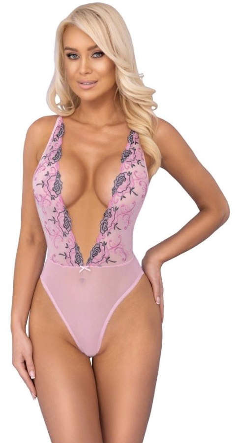 Kissable - Różowe Prześwitujące Body Z Kwiatowym Haftem S/M Kissable - Różowe Prześwitujące Body Z Kwiatowym Haftem S/M