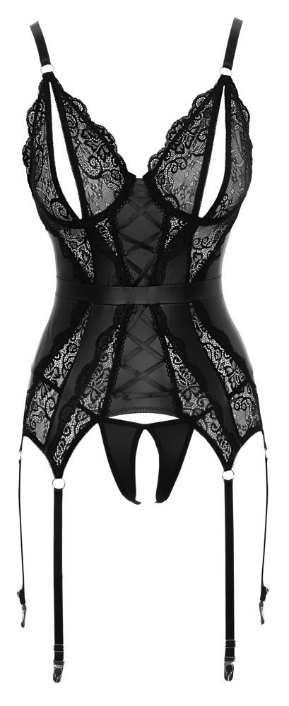 Cottelli LINGERIE - Koronkowa Koszulka Z Otwartymi Miseczkami I Stringi Bez Krocza Czarne M Cottelli LINGERIE - Koronkowa Koszulka Z Otwartymi Miseczkami I Stringi Bez Krocza Czarne M