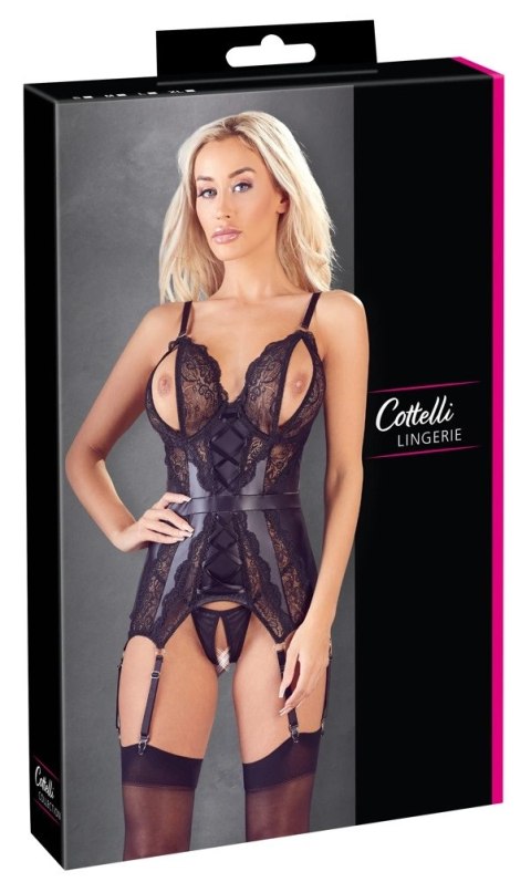 Cottelli LINGERIE - Koronkowa Koszulka Z Otwartymi Miseczkami I Stringi Bez Krocza Czarne S Cottelli LINGERIE - Koronkowa Koszulka Z Otwartymi Miseczkami I Stringi Bez Krocza Czarne S