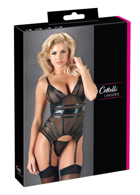 Cottelli LINGERIE - Seksowna Siateczkowa Koszulka Z Paskami Do Pończoch + Stringi Czarne S Cottelli LINGERIE - Seksowna Siateczkowa Koszulka Z Paskami Do Pończoch + Stringi Czarne S