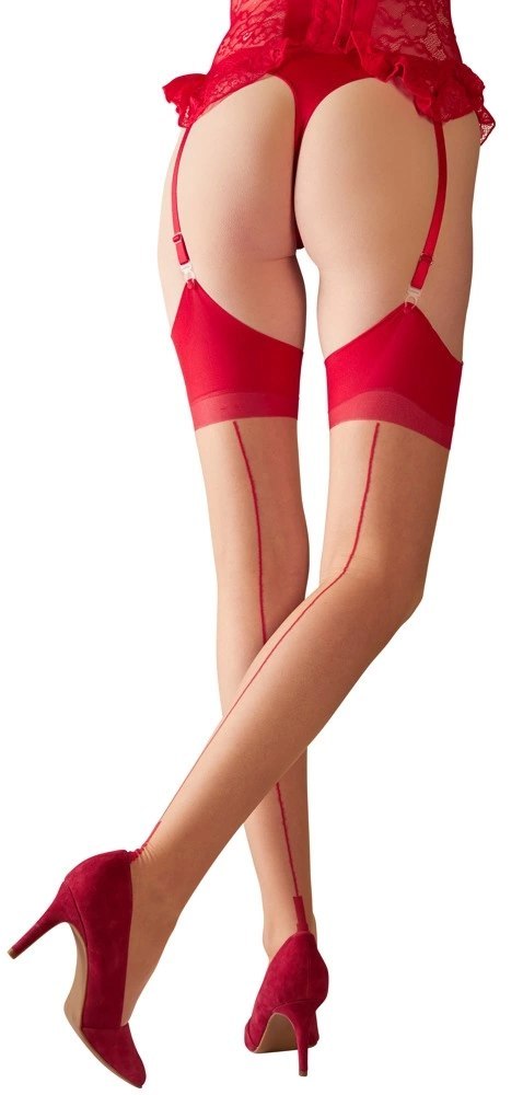 Cottelli LEGWEAR - Beżowe Pończochy Z Czerwonym Szwem I Wykończeniem 5 Cottelli LEGWEAR - Beżowe Pończochy Z Czerwonym Szwem I Wykończeniem 5