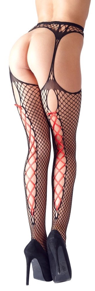 Cottelli LEGWEAR - Rajstopy Do Pończoch Z Siateczki Z Czerwonym Wiązaniem S/M Cottelli LEGWEAR - Rajstopy Do Pończoch Z Siateczki Z Czerwonym Wiązaniem S/M