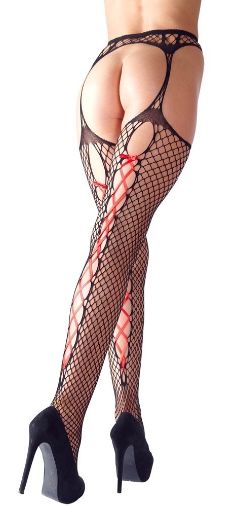 Cottelli LEGWEAR - Rajstopy Do Pończoch Z Siateczki Z Czerwonym Wiązaniem S/M Cottelli LEGWEAR - Rajstopy Do Pończoch Z Siateczki Z Czerwonym Wiązaniem S/M