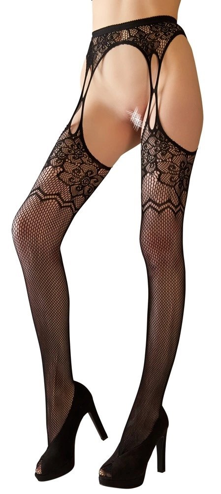 Cottelli LEGWEAR - Rajstopy Z Paskiem Do Pończoch I Kwiatowym Wzorem S-L Cottelli LEGWEAR - Rajstopy Z Paskiem Do Pończoch I Kwiatowym Wzorem S-L