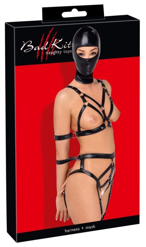 Bad Kitty - Skórzany Zestaw Uprzęży Z Paseczków I Maski Na Głowę XS Bad Kitty - Skórzany Zestaw Uprzęży Z Paseczków I Maski Na Głowę XS