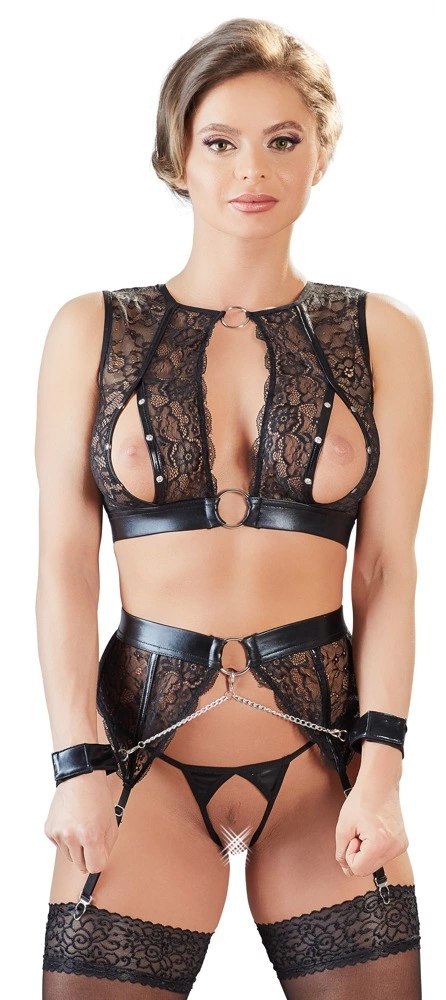 Cottelli Bondage - 3-Częściowy Koronkowy Komplecik Bondage Czarny XL Cottelli Bondage - 3-Częściowy Koronkowy Komplecik Bondage Czarny XL