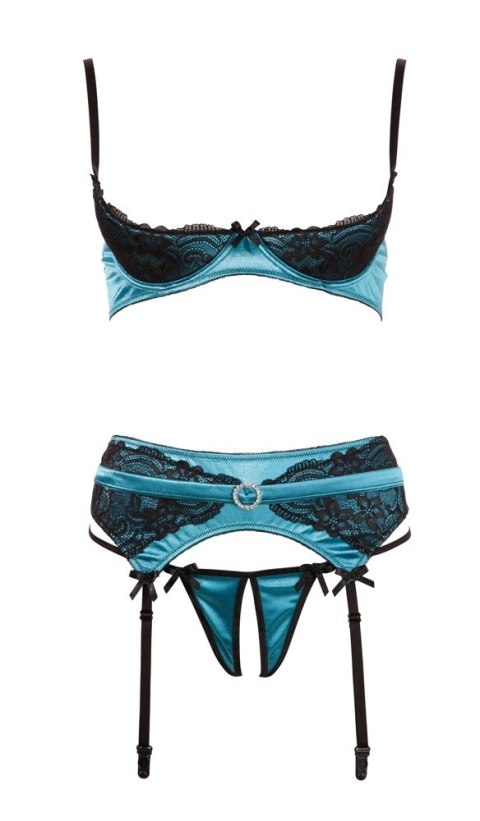 Cottelli LINGERIE - Seksowny 3-Częściowy Komplecik Z Niebieskiej Satyny I Delikatnej Koronki 90B/XL Cottelli LINGERIE - Seksowny 3-Częściowy Komplecik Z Niebieskiej Satyny I Delikatnej Koronki 90B/XL
