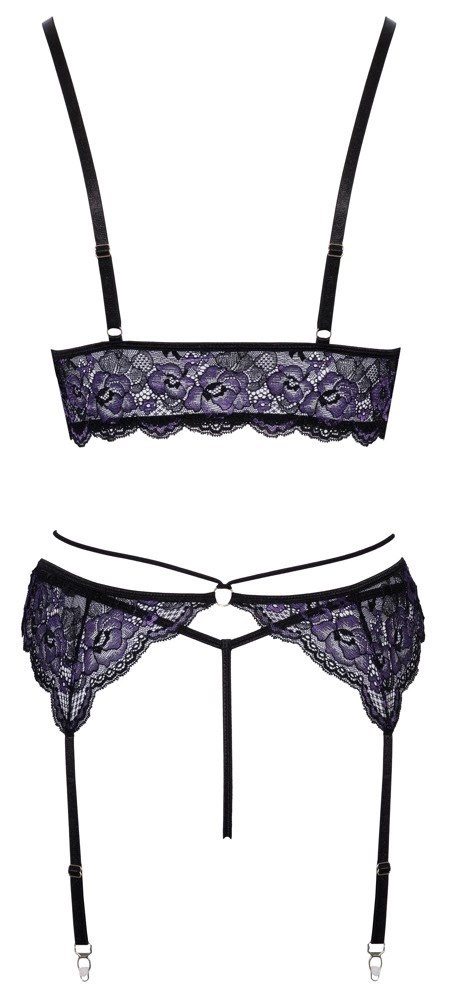 Cottelli LINGERIE - Seksowna Koronkowa Braletka Pas Do Pończoch I Stringi Czarny-Fioletowy L Cottelli LINGERIE - Seksowna Koronkowa Braletka Pas Do Pończoch I Stringi Czarny-Fioletowy L