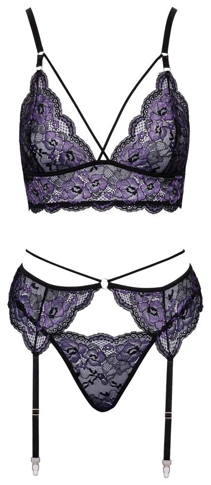 Cottelli LINGERIE - Seksowna Koronkowa Braletka Pas Do Pończoch I Stringi Czarny-Fioletowy M Cottelli LINGERIE - Seksowna Koronkowa Braletka Pas Do Pończoch I Stringi Czarny-Fioletowy M