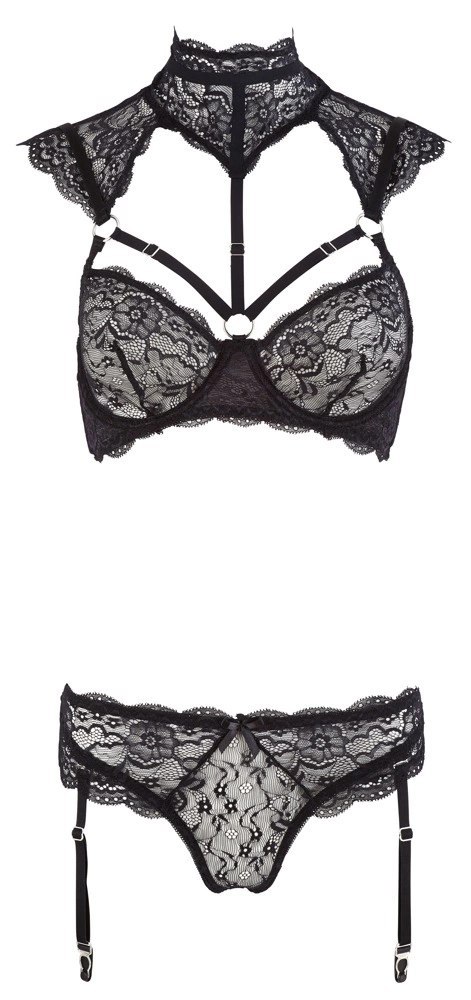 Cottelli LINGERIE - Koronkowy Biustonosz Z Kołnierzem I Stringi Z Paskami Do Pończoch 80C/M Cottelli LINGERIE - Koronkowy Biustonosz Z Kołnierzem I Stringi Z Paskami Do Pończoch 80C/M