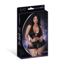 Magic Silk Seraphina 2XL - Kamizelka i stringi z falbaną, czarna eko-skora